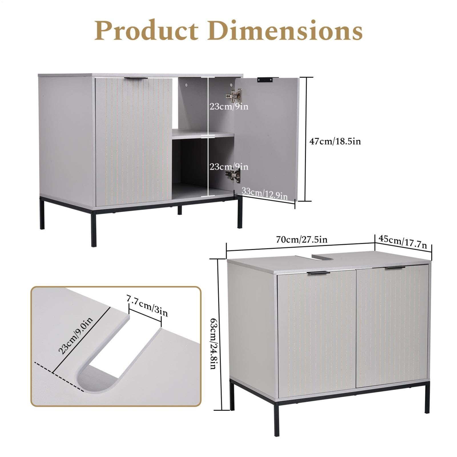Meuble sous lavabo 70 x 63 x 45 cm, 2 compartiments ouverts + armoire à