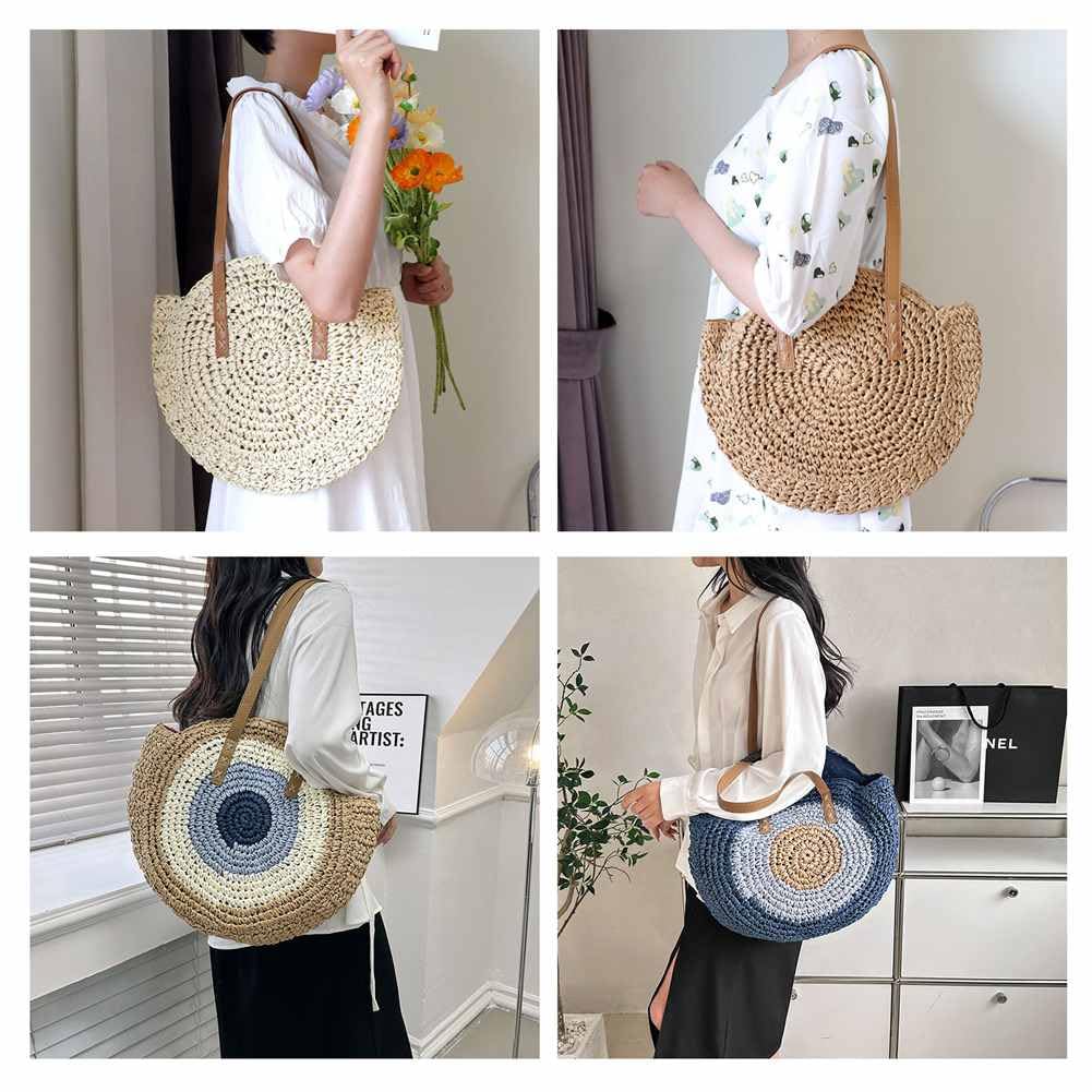 Damen Runde Strohtasche Vintage Handgemachte Umhängetasche Große Kapazität Strandtasche Böhmische Schultertasche Korbtasche mit Reißverschluss Geflochten Tasche für Reisen Urlaub Schwarz