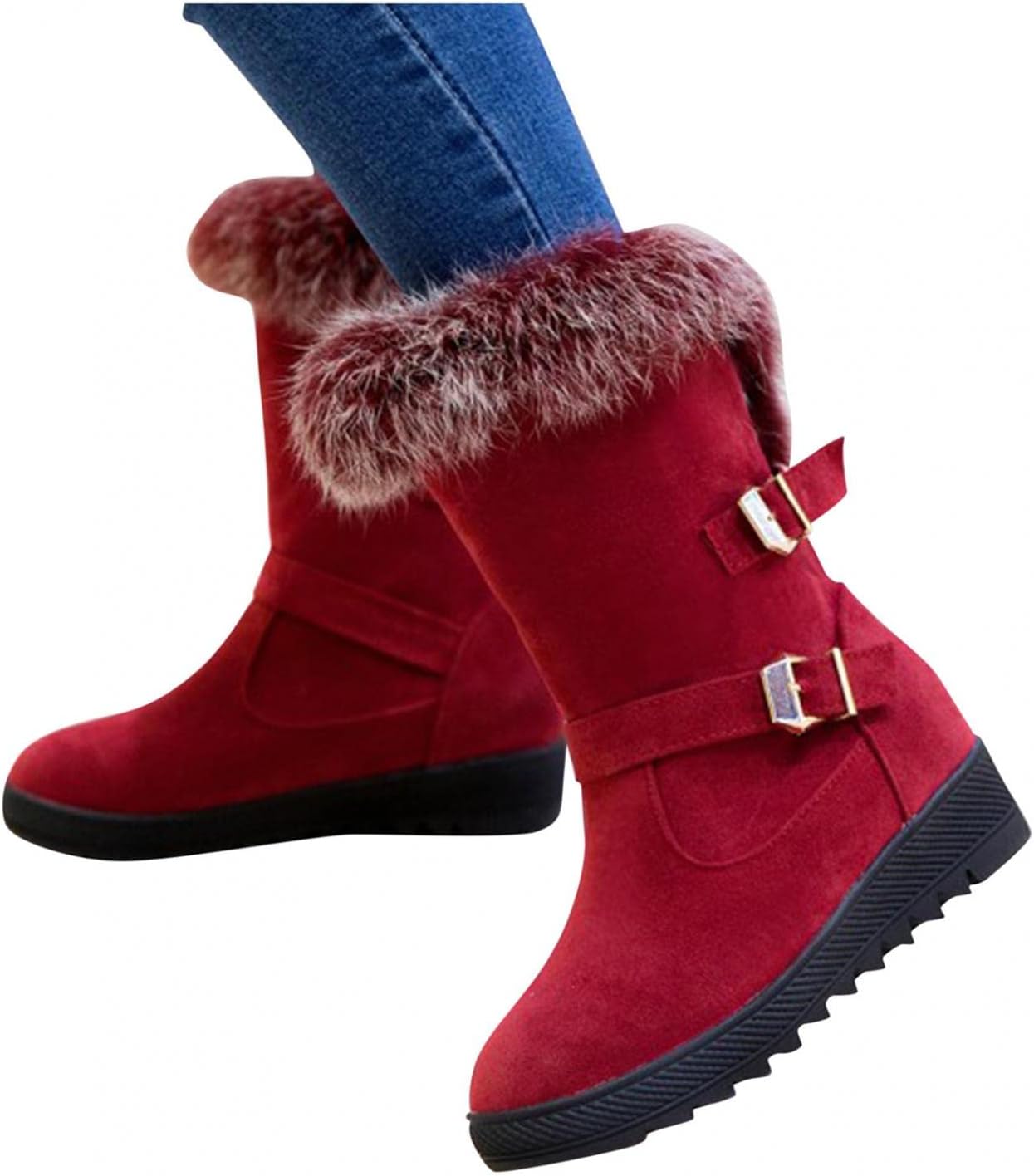 Hbeylia Dress Winter Snow Boots For Women Ladies Fashion Plush Fur Lined Warm Suede Round Toe Wedge Platform Slip On Mid Calf Boots Cozy Fleece Lining Chunky Bottom Mid Heels Short Boots For Christmas