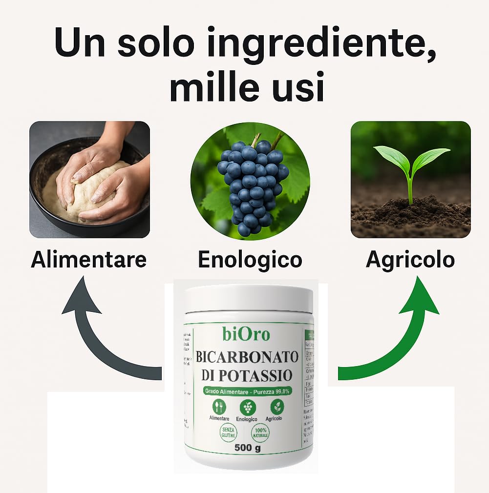 BICARBONATO DI POTASSIO Alimentare biOro 99,8% – 500g – Regolatore Acidità, Antifungino Naturale, Uso Enologico e Agricolo – Grado Alimentare Qualità Premium – Senza Glutine