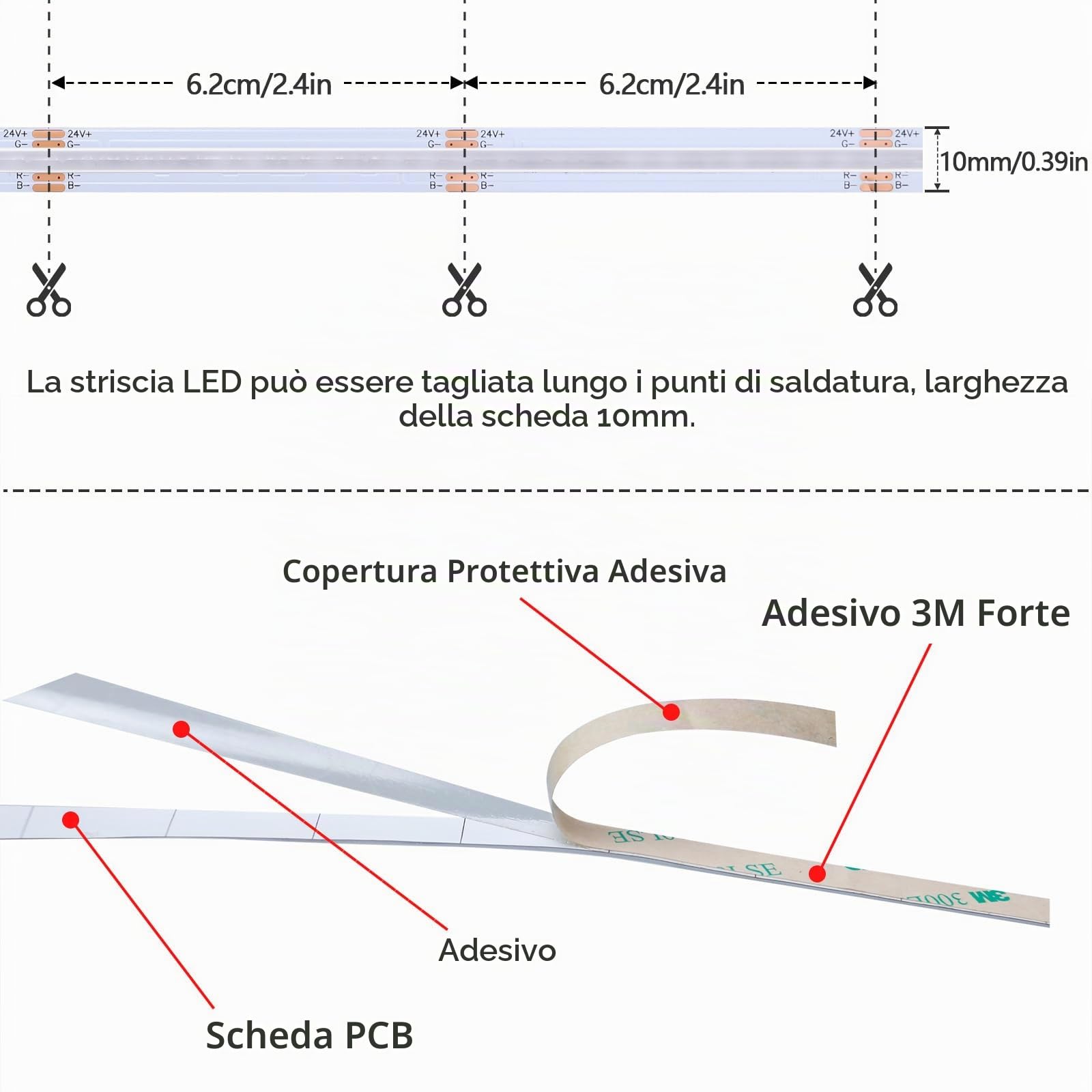 GOMING Riflettore Lineare 10M 24V RGB Striscia LED COB Flessibile 576LEDs/M | 14W/M Alta Luminosità Non Impermeabile IP20 Nastri LED per Decorazione Interna(RGB Controller e Alimentatore Non Inclusi)