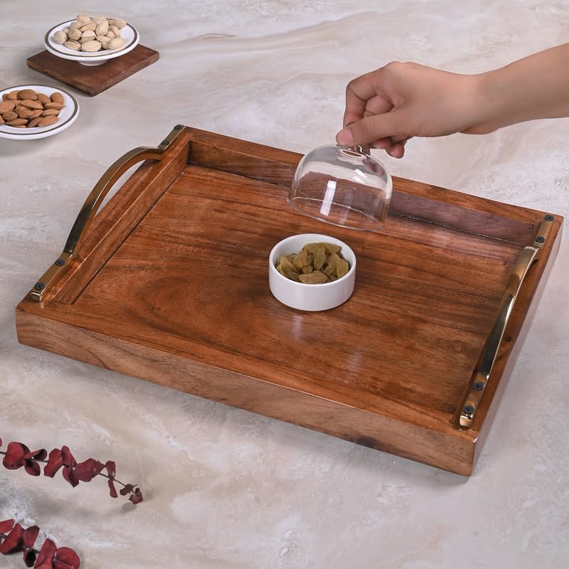 Image of Wooden Serving Tray with Stylish Handles - 15 Inch Rectangular Wooden Tray for Coffee Table, Kitchen, Breakfast & Home Decor | Multipurpose Organizer & Gift (Brass Finished Metal Handle)