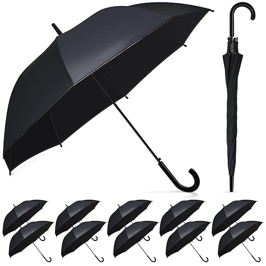 12 Pack Black Umbrella Wedding Style Stick Umbrellas Large Canopy Windproof Transparent Stick Umbrellas Wedding Rain Transparent Umbrellas Bulk Auto Open J Hook Handle