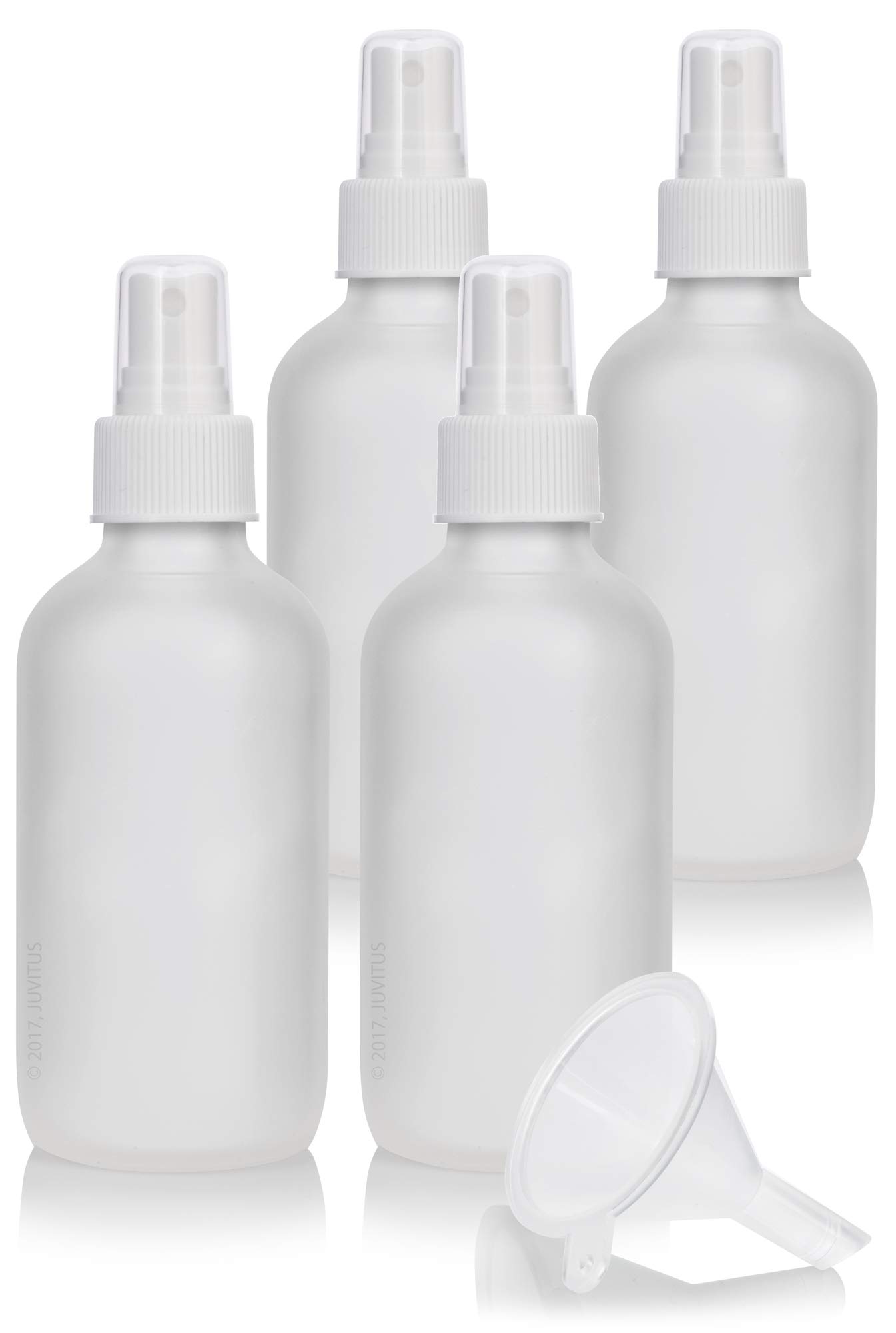 JUVITUS 4 oz Frosted Clear Glass Boston Round Bottle with White Fine Mist Sprayer (4 Pack) + Funnel