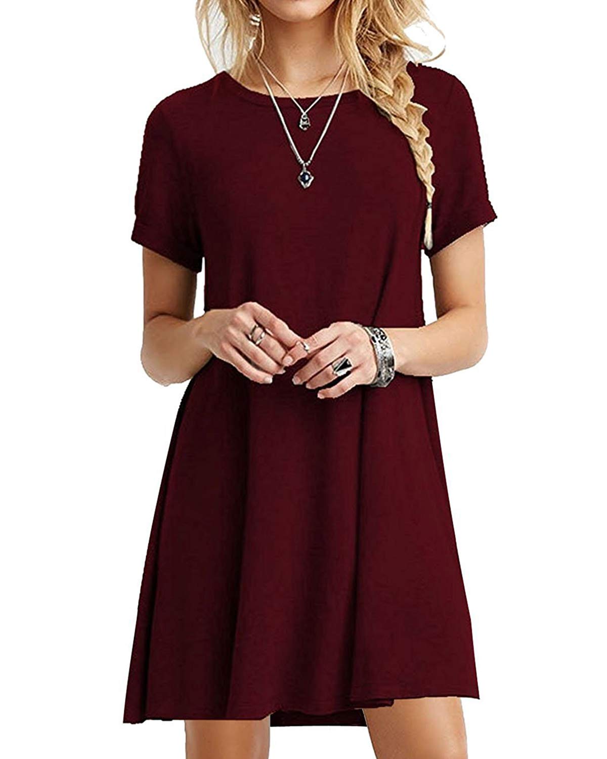 YOINS Damen Kleider Tunika Tshirt Kleid Kurzarm MiniKleid Sommerkleid für Damen Brautkleid Maxikleid Rundhals