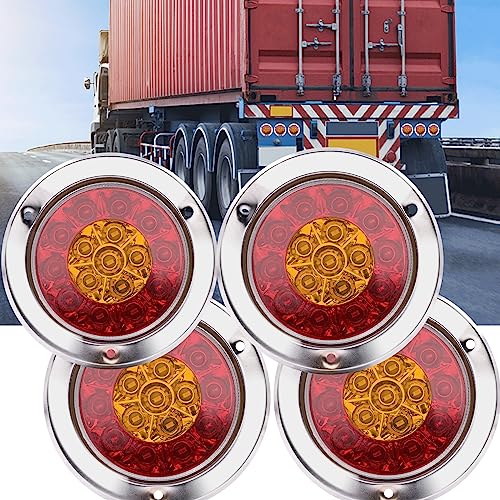 Ygmylandbb 4 inch round led tail lights, led tail lights for trucks, 4” round led tail lights with Chrome Bezel, Red Yellow LED Lamps Compatible with Trucks RV, 12-24V, 4Pcs