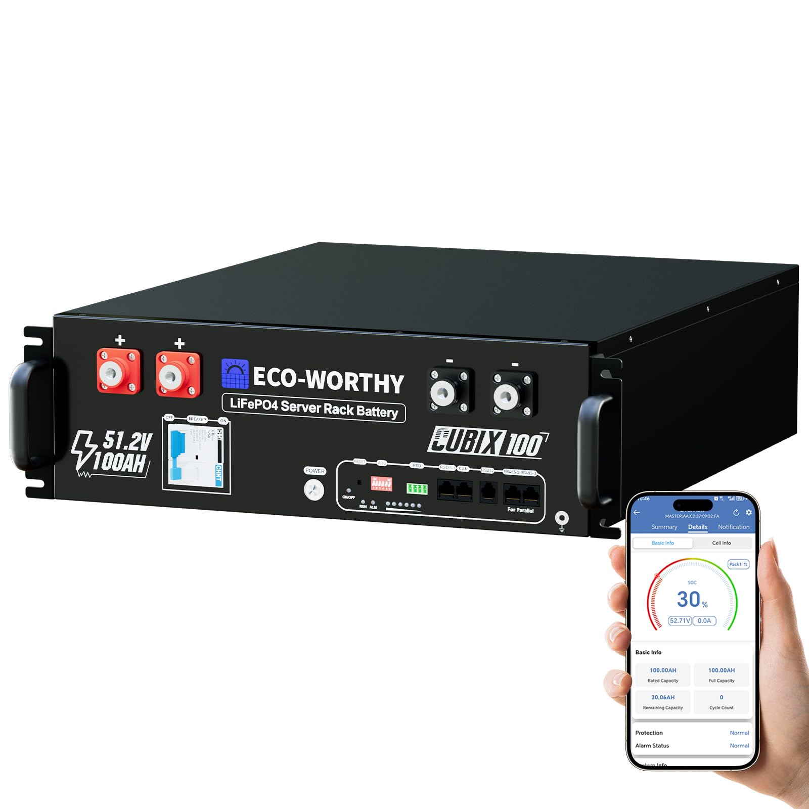 ECO-WORTHY 48V 100Ah LiFePO4 Lithium Battery w/Bluetooth | UL1973 & UL9540A & CEC Listed | 5120Wh Server Rack Battery for Solar Energy Storage, Home Backup Power