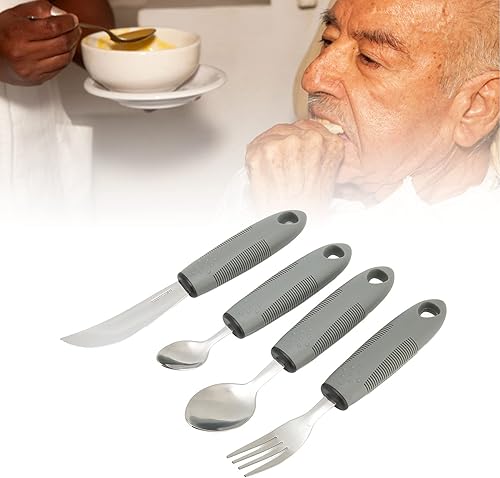 Miniatura 3 de 4 piezas de utensilios adaptativos de suministros especiales utensilios adaptativos cucharas de tenedor asas anchas pesadas utensilios grises de