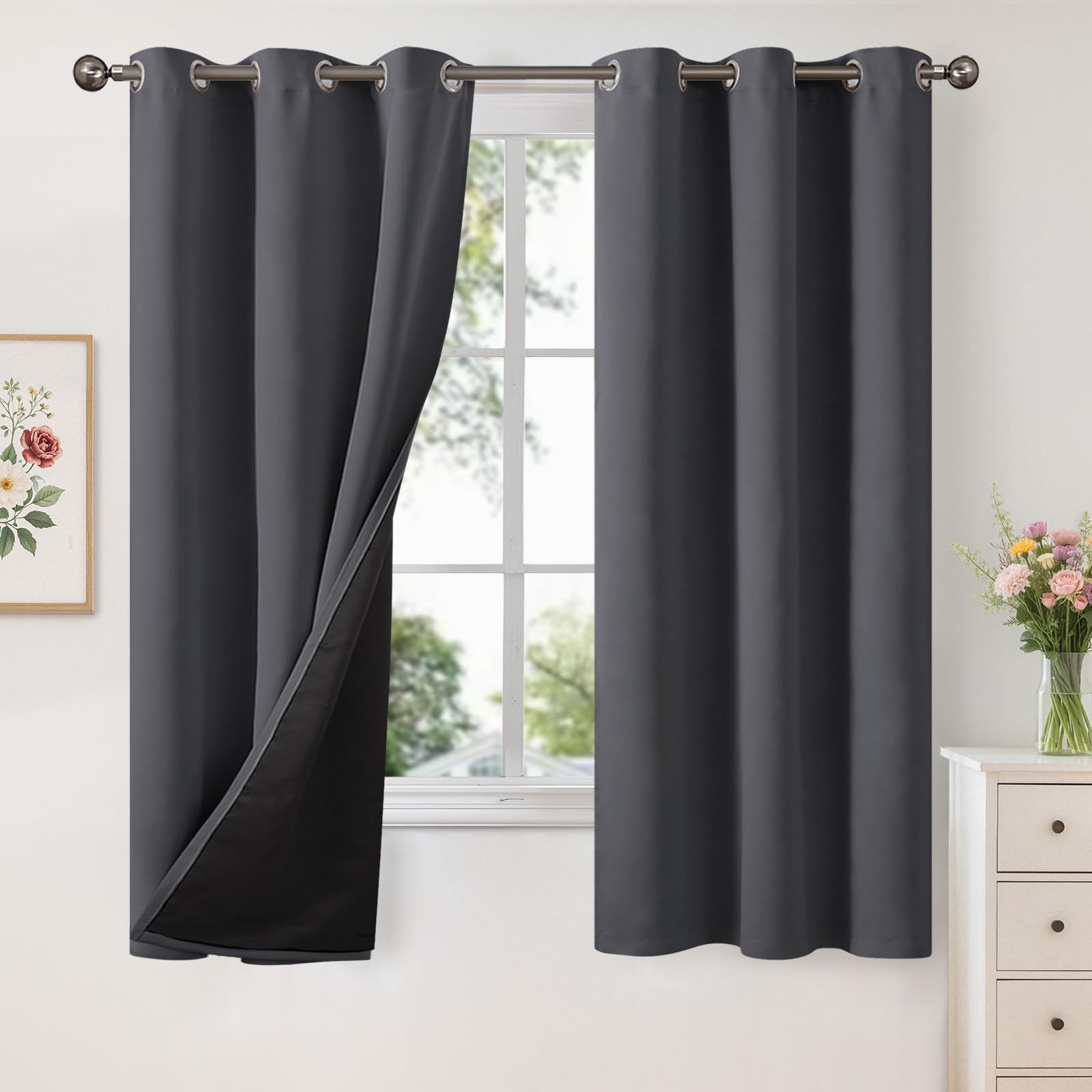 YoungsTex 100% Blackout Curtains 63 Inch Length - Thermal Insulated Black Out Drapes with Grommet Energy Saving for Bedroom Windows, Dark Grey, 2