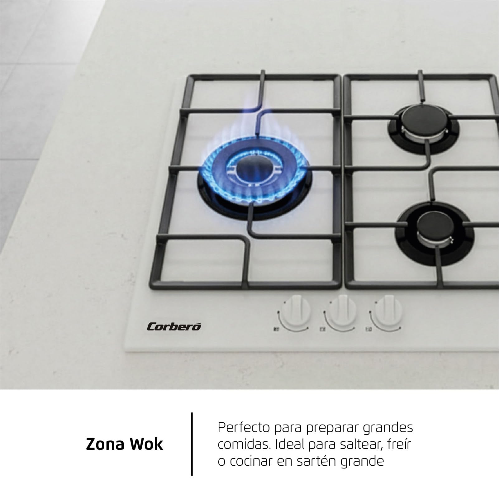 Corberó - Plaque gaz butane 60 cm | CPCGM3F3126W | Puissance 6,05 kW | 3 zones | Zone Wok | Auto-allumage | Couche de protection Clean+ | Arrêt automatique | Verre blanc