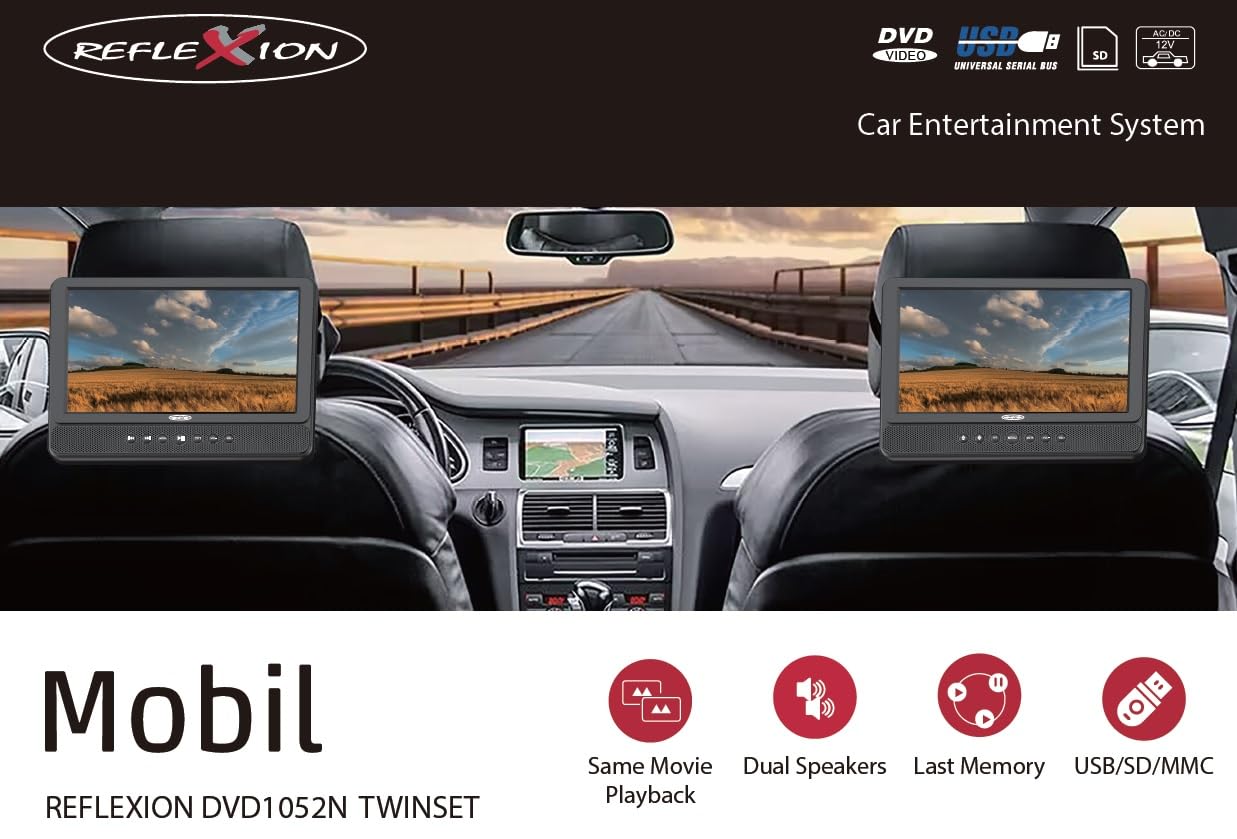 Reflexion DVD1052N Twin Monitor, tragbarer DVD Player für das Auto, 10.1 (25,6 cm) Zoll LCD-Bildschirm, Stereolautsprecher, Elektronisches Antischocksystem, Akku, USB, 12V Auto-Adapter, 230V Netzteil