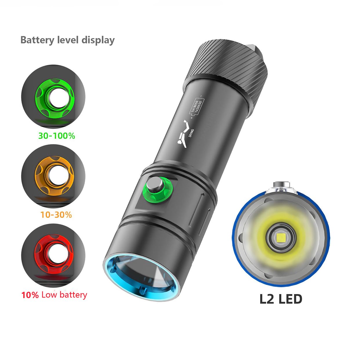 Lampe de plongée sous-Marine en mer, Lampe de Poche de plongée avec Gradation Continue, Lampe de plongée sous-Marine étanche avec Batterie Rechargeable et Chargeur