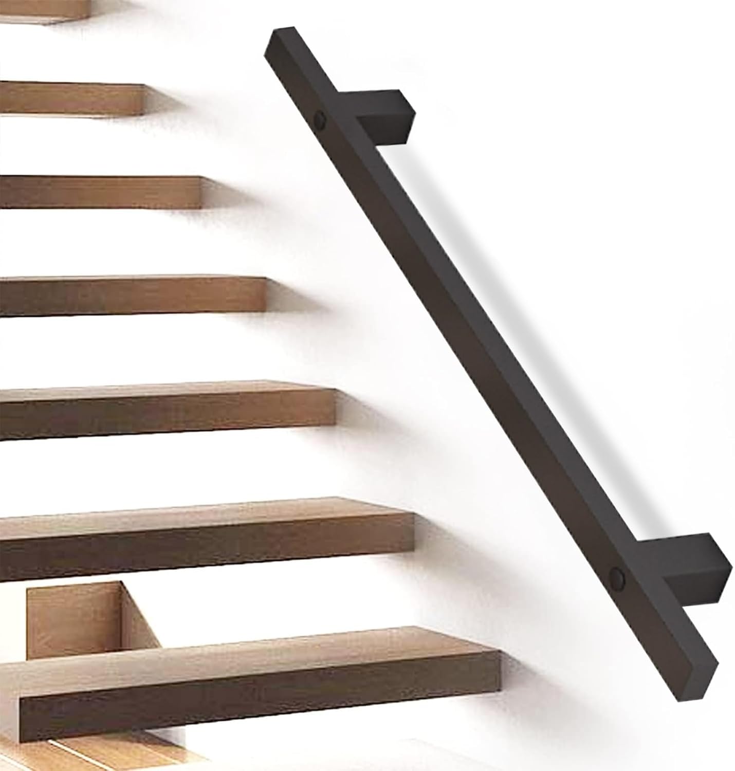 Black Metal Hand Rails for Stairs，Industrial Staircase Handrail Wall Mount Stair Banister Railing with Complete Kit，Non-Slip Grab Bar for Indoor Outdoor Steps(2ft/60cm)