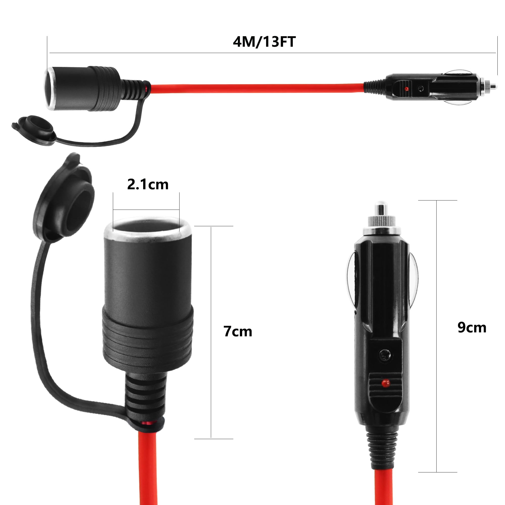 YOUNLEN Prolunga Per Accendisigari Auto 12V/24V - Cavo 14AWG Da 1 Metro, 20A, Impermeabile, Per Auto, Camper, Moto