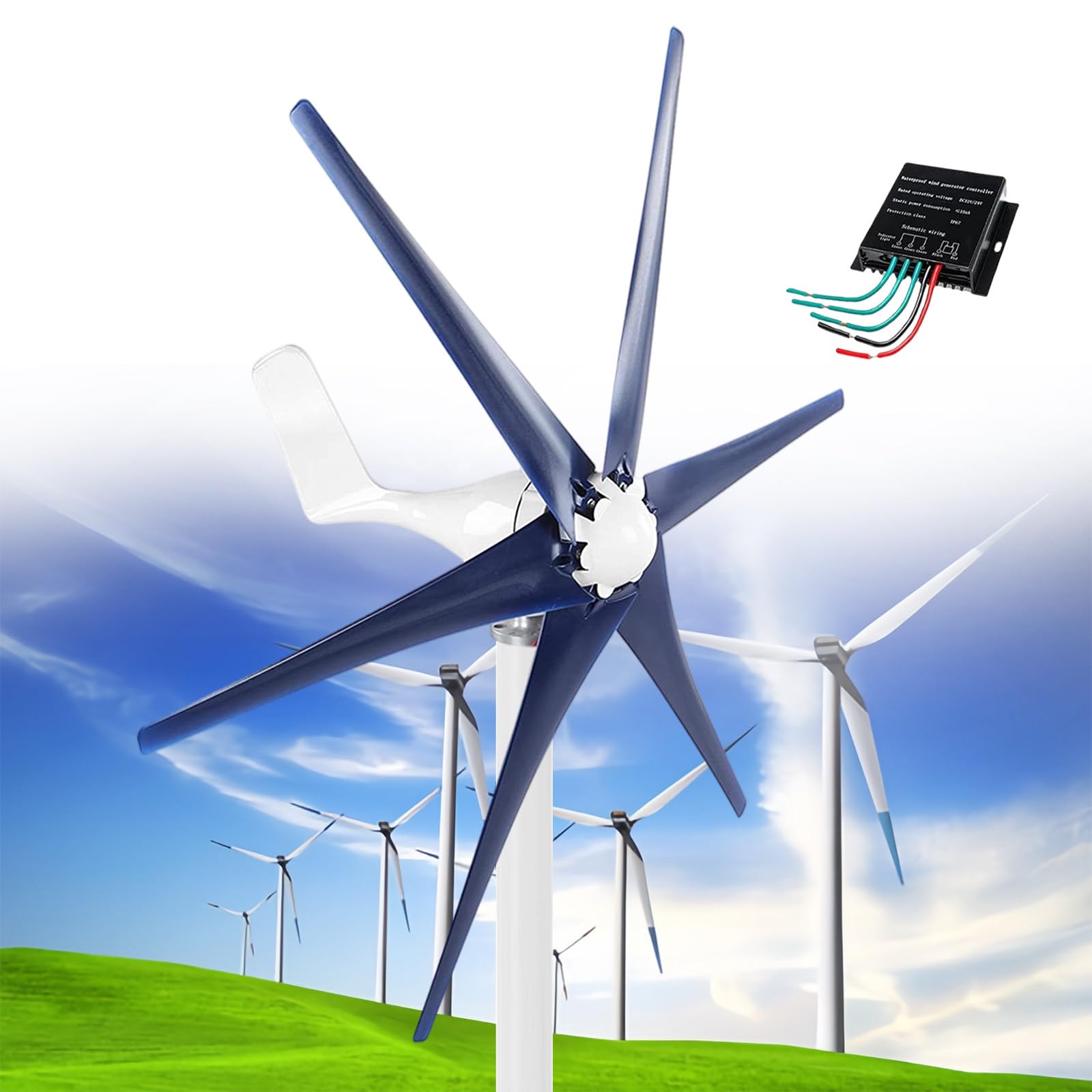 Zestaw turbin wiatrowych 12000 W, 5-łopatkowy mały wiatrak z regulatorem MPPT, 12 V, 24 V, 48 V, obsługuje ładowanie bez sieci w domu, na wodzie, w przyczepie kempingowej, granatowy
