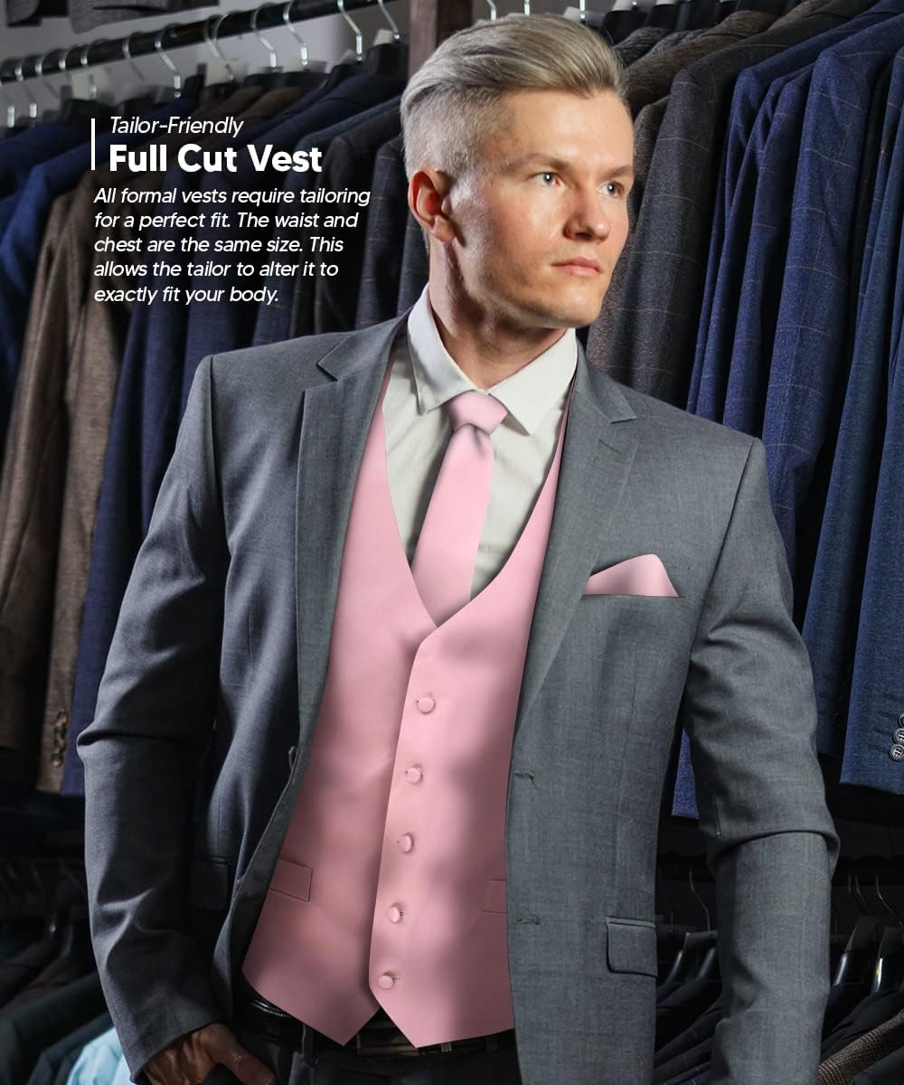 Solid Color Satin Suit Vest for Men Set of 4 - Vest, Tie, Bow Tie & Pocket Square (White Back)