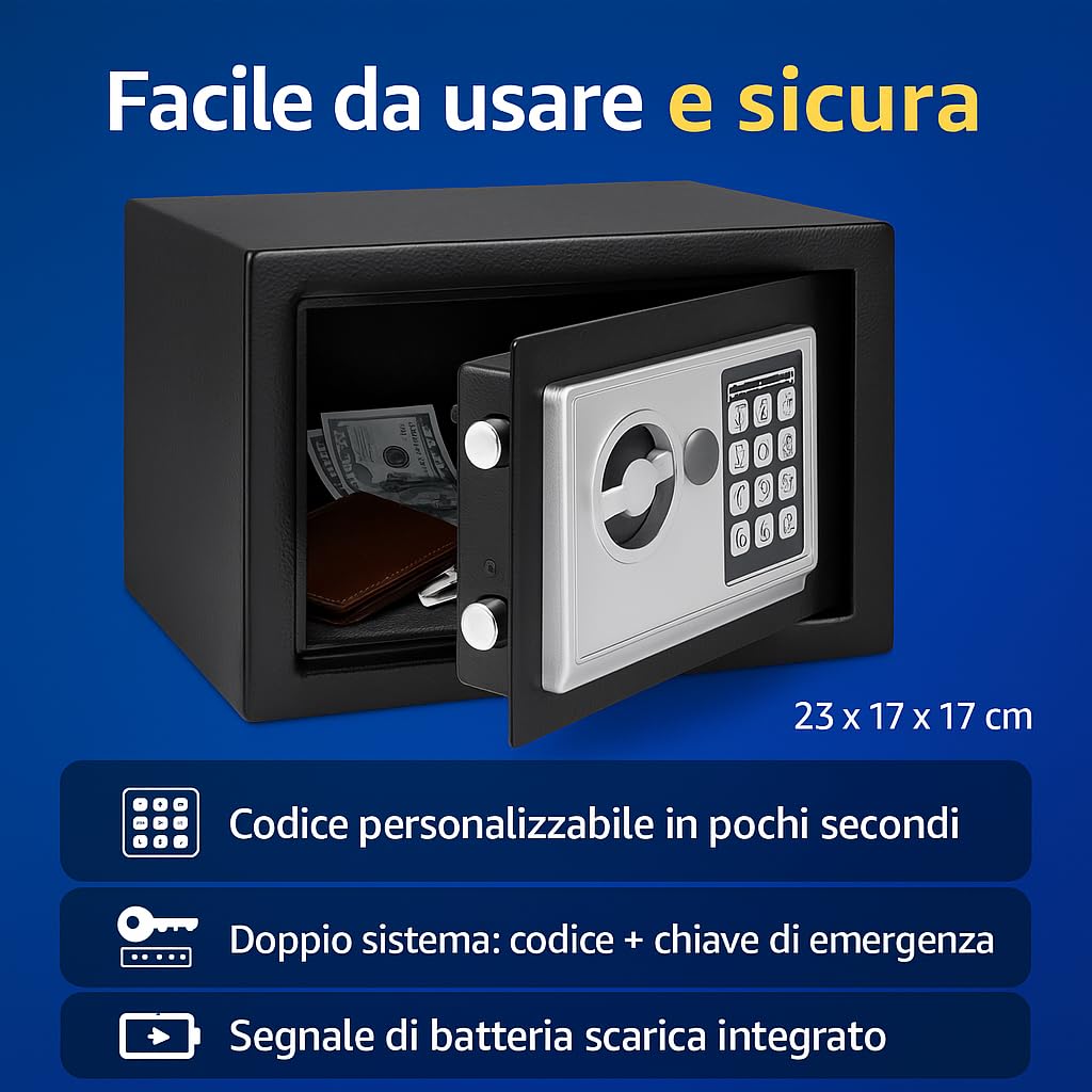 Utilia Security Cassaforte Elettronica 23×17×17 cm, combinatore digitale con chiave, 2 catenacci Ø15 mm, acciaio verniciato, fissaggio a muro/armadio, avviso batteria.