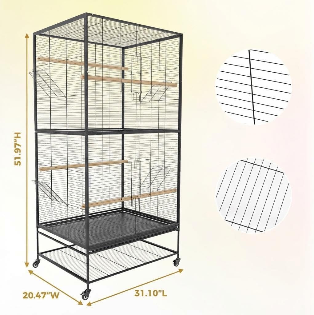 Extra Large Heavy Duty Metal Bird Cage with Rolling Stand – Spacious Flight Cage for Parakeets, Cockatiels, African Grey, Conures, Budgies, Lovebirds, Pigeons – Removable Tray, Flat Top,