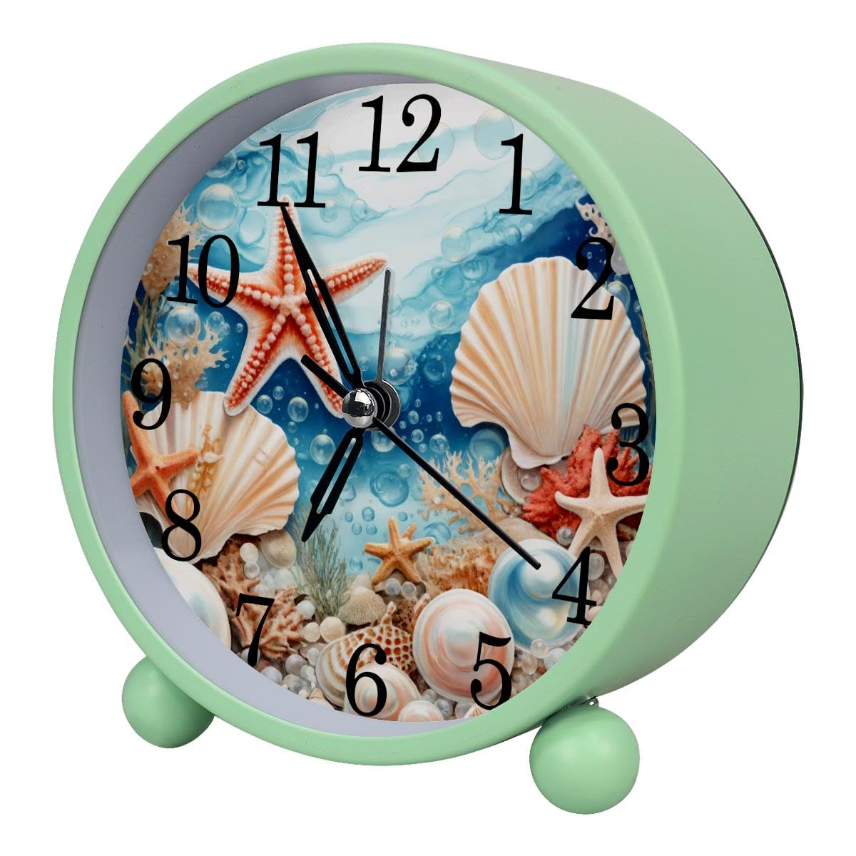 Alarm Clock Ocean Seashell Starfish, Silent Non-Ticking with Night Light
