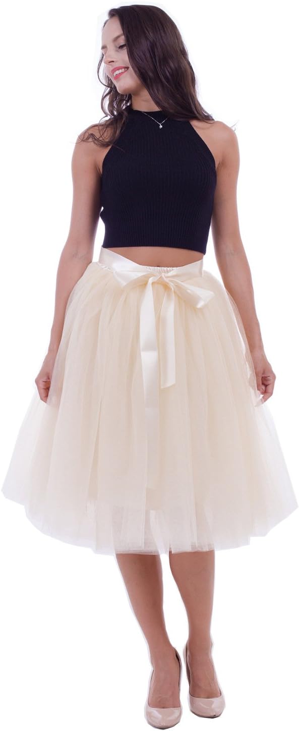kephy Women's Tulle Skirt 7 Layers Tutus for Women A Line Knee Length Petticoat Wedding Party Adult Midi Skirt