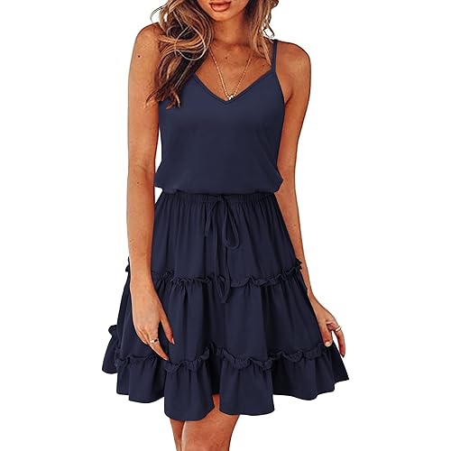 Newshows Women's 2025 Summer Dress Spaghetti Strap Casual Boho Beach Vacation Outfits Drawstring Ruffle Hem Sundress Trendy