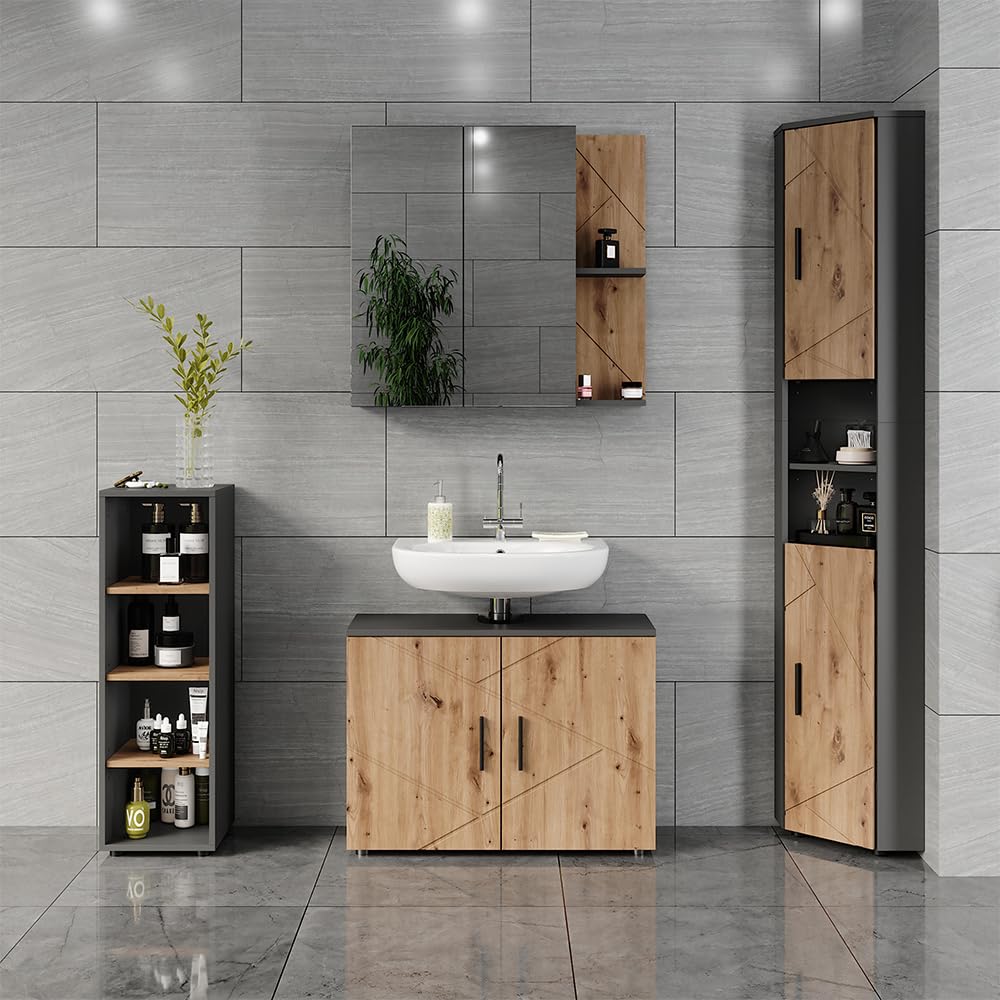 Vicco Mueble Midi Irma, Antracita/Roble Dorado, 30 x 95 cm | 4 compartimentos, para guardar artículos de baño y productos de cuidado personal