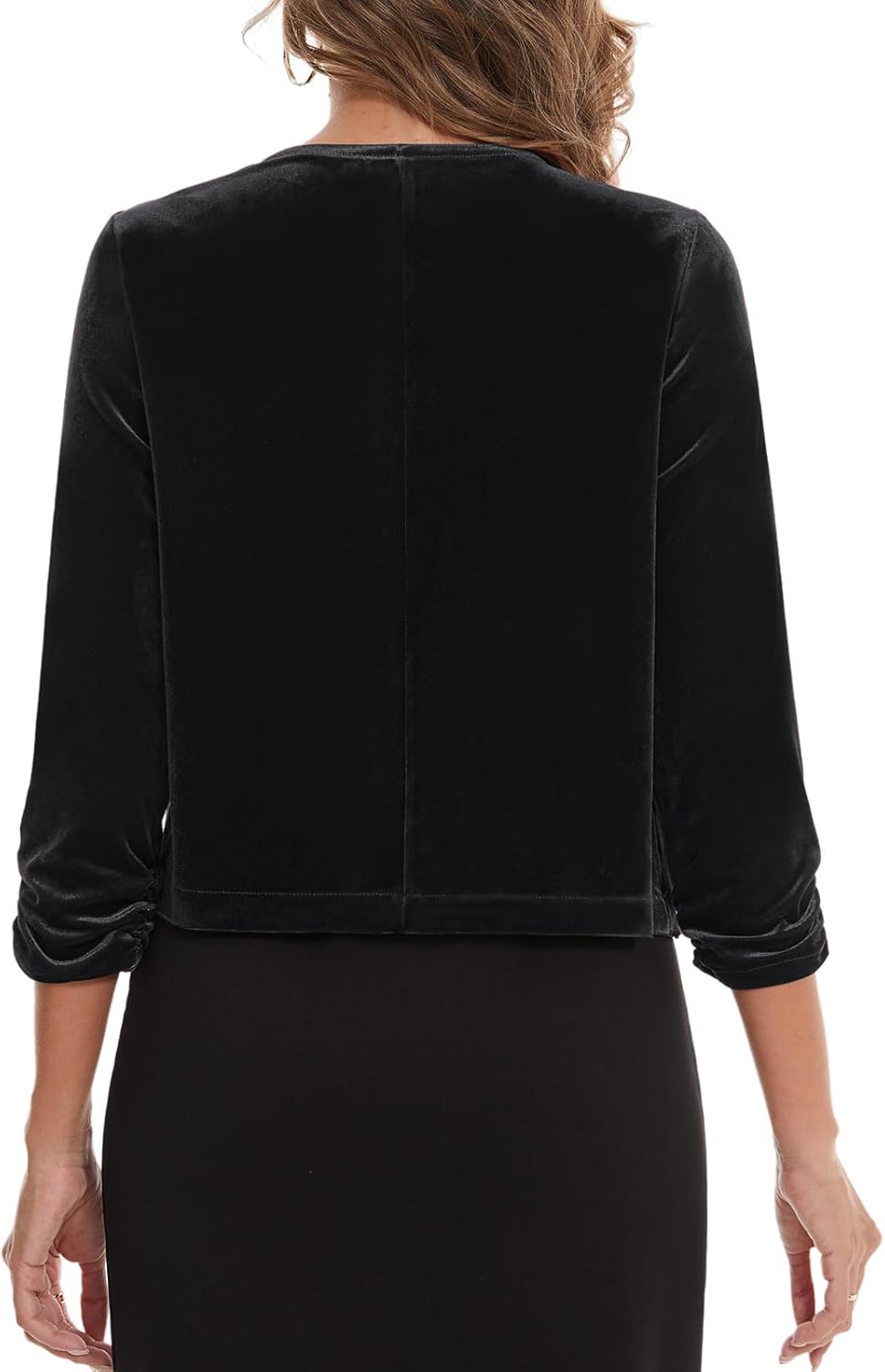 MINTLIMIT Womens Ruched 3/4 Sleeve Velvet Bolero Shrug Top Versatile Open Front Chic Soft Cropped Cardigan for Dress,Black,L - Image 5