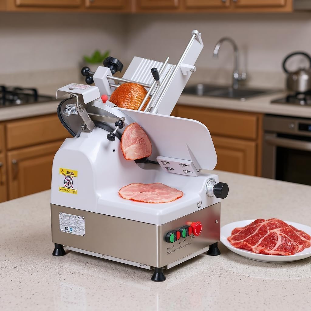 550W Automatic Meat Slicer with 12 Inch Carbon Steel Blade, Adjustable Thickness 0-14 mm, Electric Slicing Machine for Home or Commercial Kitchen