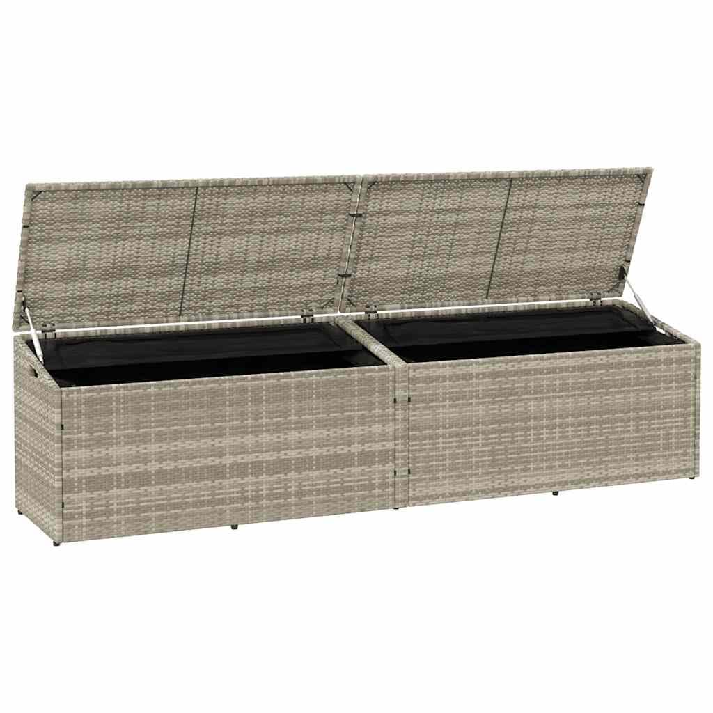 Caja de almacenamiento de jardín gris claro 220x50x58 cm de resina trenzada, cofre de jardín poliratán con marco de acero, tapa de gas y bolsa impermeable para cojines y juguetes
