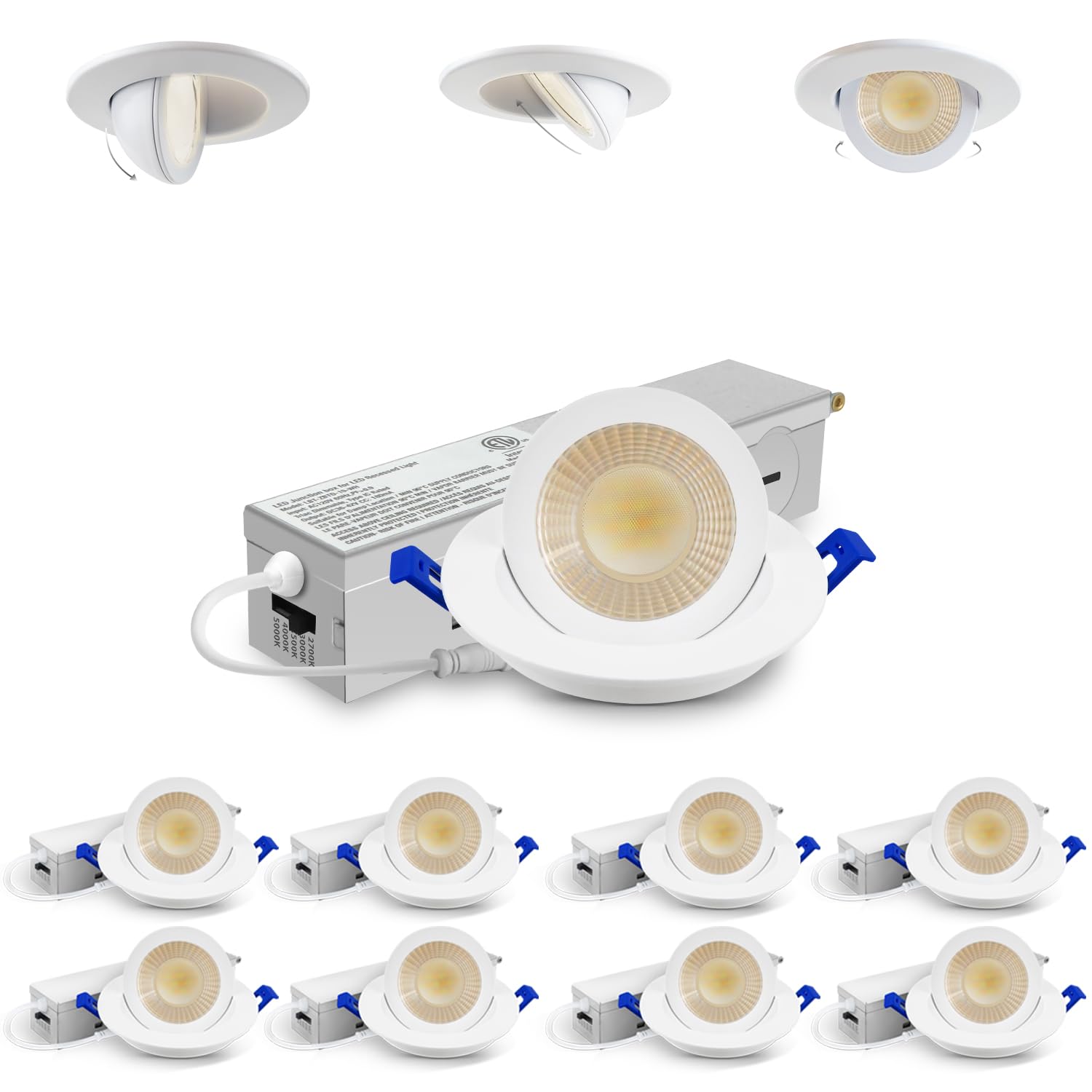 Photo 1 of Adetu 2 Inch 5CCT Gimbal Led Recessed Lighting with Junction Box, 360°+90° Adjustable Eyeball Canless Downlight, 2700K/3000K/3500K/4000K/5000K Selectable, 5W Eqv 50W, 550LM Brightness-ETL(White,8Pack)