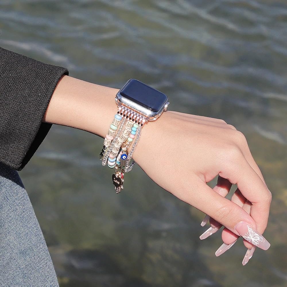 Bracelet Band for Apple Watch Strap 49mm Ultra 2 40mm 38mm 41mm, Elastic Beaded Pendant Strap for IWatch Series 9 8 7 6 5 4 3 SE