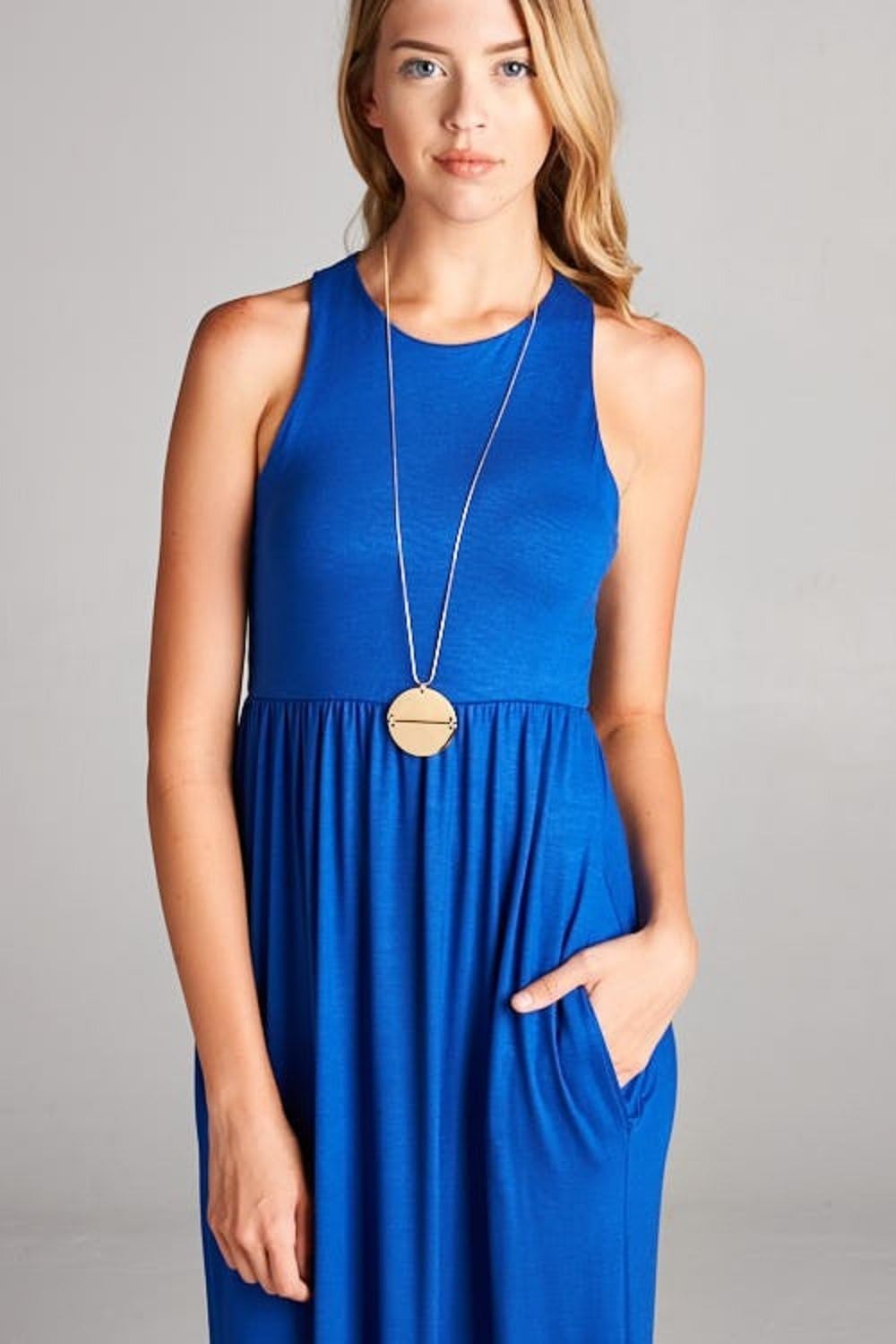 Maxi Dresses for Women Solid Lightweight Long Racerback Sleeveless W/Pocket -Blue (2X) - Image 4