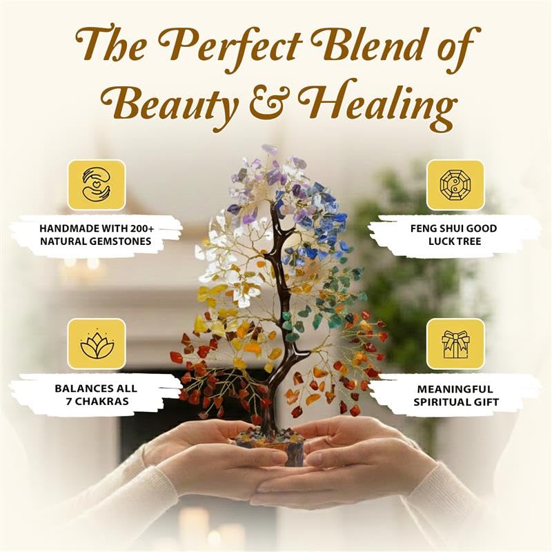 Image of JD FRESH 200 Beads Crystal Tree /7 Chakra Crystal Tree /Showpiece Good Luck and Positive Energy /Showpiece for Living Room /Natural Healing Gemstones Money Tree /Lucky Tree for Good Luck (Multicolor)