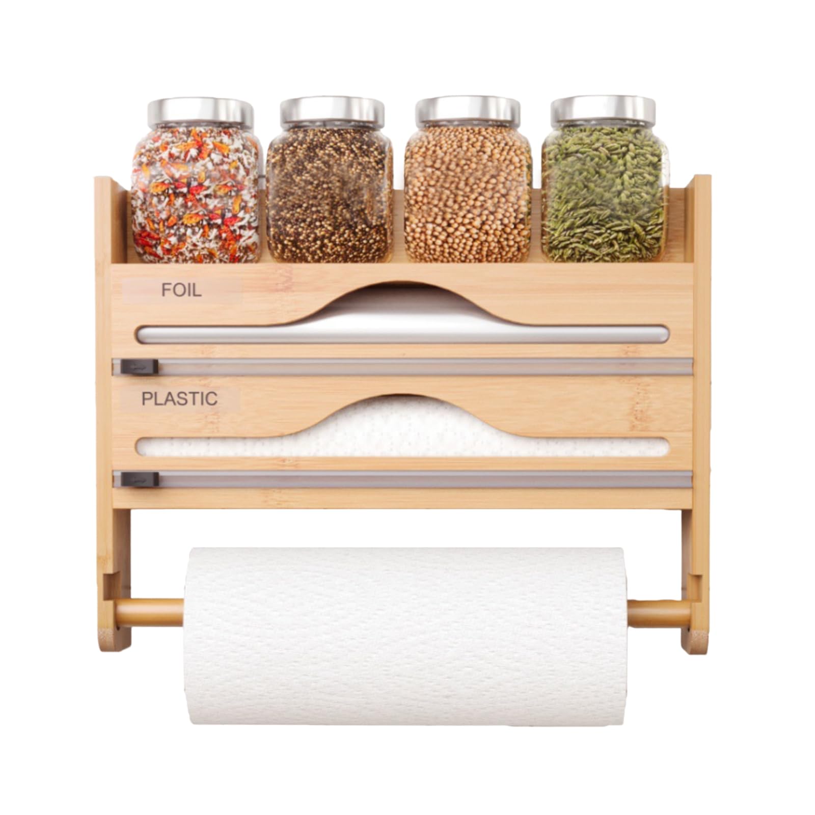 4 en 1 Portarrollos de Cocina de Madera con Cortador,Ahorrar Espacio,Bambú | Organizador de Papel Aluminio y Film Transparente con Estante para Especias,Estante para Especias y Cortador de Papel