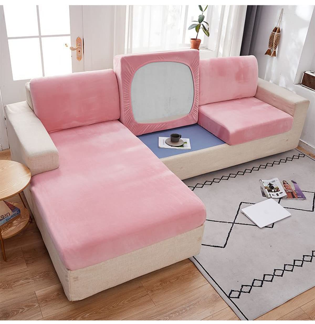 Housses de coussin extensibles en velours rose antidérapantes pour canapé