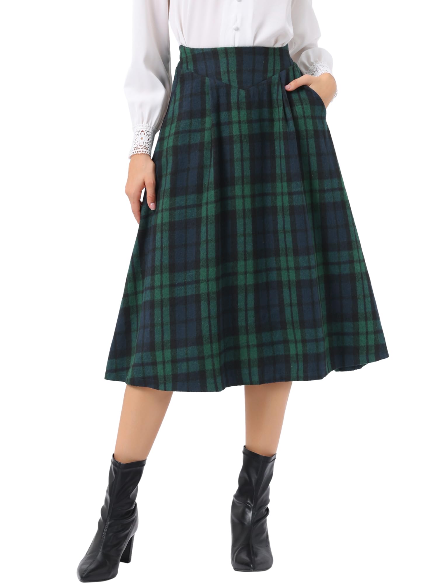 Allegra K Plaid Skirts for Womens Vintage Tartan High Waist A-Line Midi Skirt with Pockets