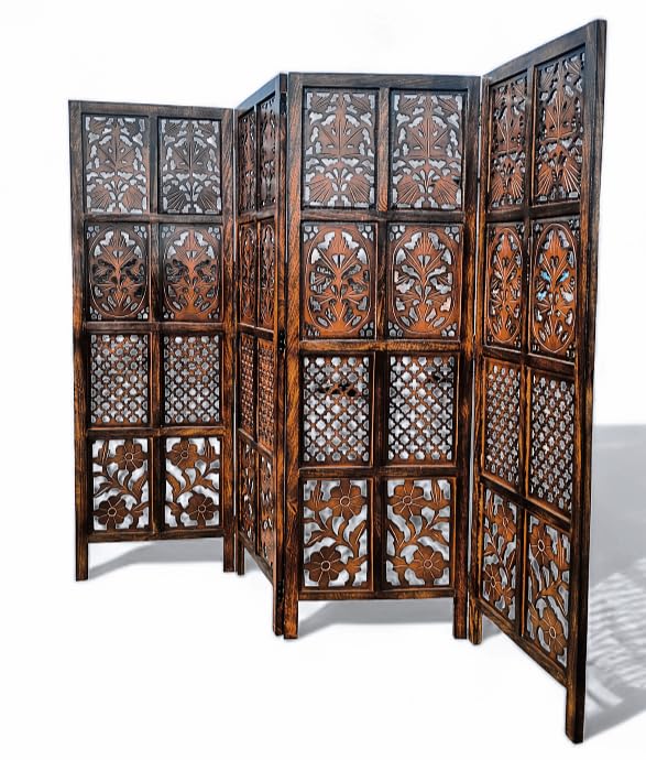 Image of Wooden Room Partition /Screen /Room Divider /Room Separator Burnt Wood Finish (Hand Buffing) Frame Traditional Handicrafts 6Ft Height (4 Panel 5 Feet)