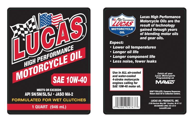 Image of Lucas Oil 10767 High Performance Conventional SAE 10W-40 Motorcycle Oil - 1 Quart