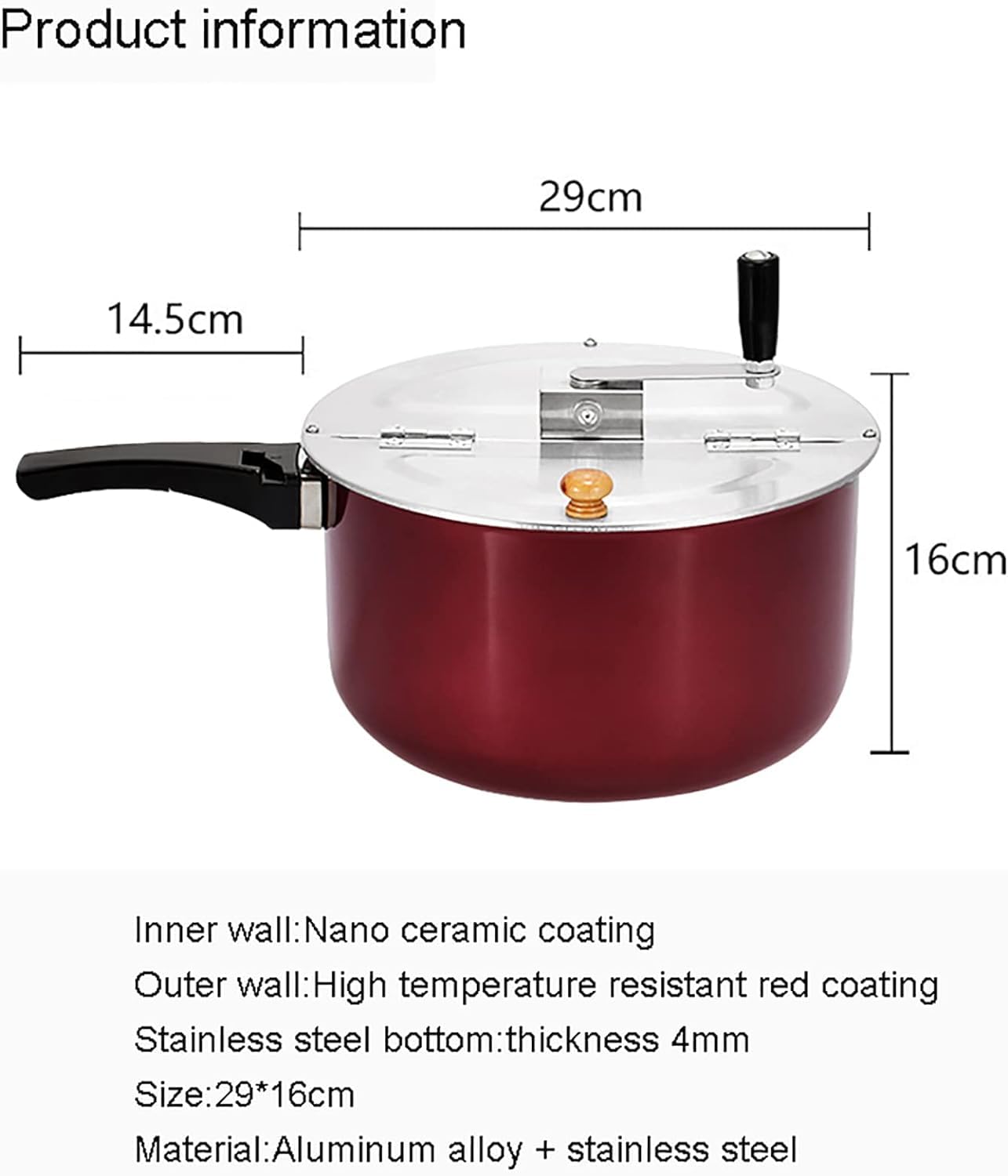 Máquina de palomitas de maíz para el hogar, olla de palomitas de maíz antiadherente de manivela a mano con mango antiquemaduras, tapa extraíble, varilla de agitación gruesa, cocina de inducción