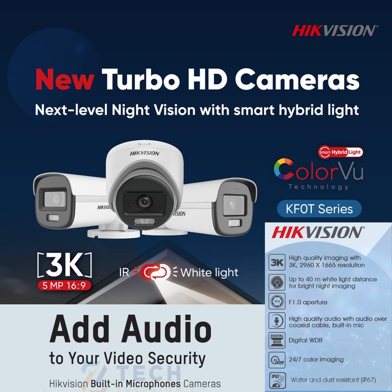 Image of HIKVISION 3K /5MP 4 Channel DVR, 3K (5MP) 1 Dome & 2 Bullet Cameras [Color Night Vision + Built-in Audio MIC + SMART Dual Light + Motion Detection] + 1 TB HDD + CLOCITE 4 CH SMPS + CCTV Cable + BNC /DC