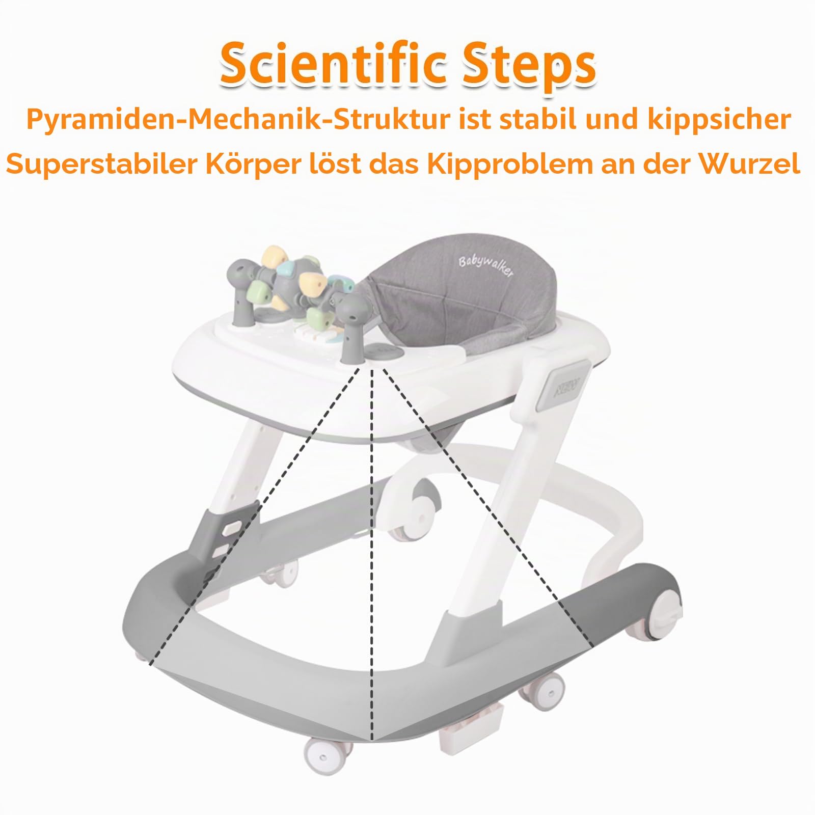 Entwicklungs-Lauflernhilfe, Lauflernwagen mit Aktivitäten, Verstellbar, Verstellbarer Aktivitätsbogen mit Spielzeug Inklusive, für Babys von 6 bis 12 Monaten, 60 * 55 * 70 cm - Grau