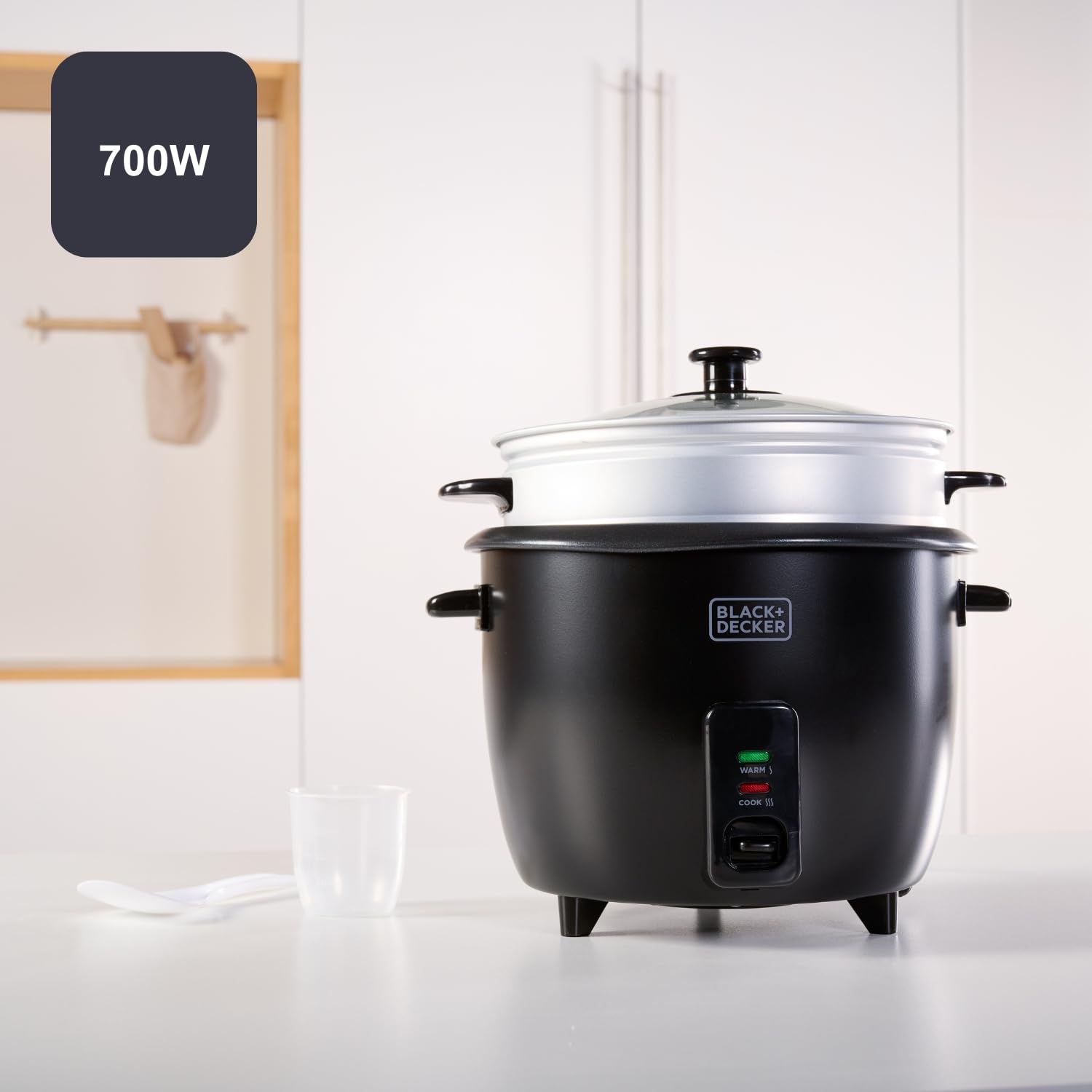 BLACK+DECKER - Cuiseur à riz BXRC1800E 700 W | 1,8 L (jusqu'à 7 portions) | Cuisson et maintien au chaud | Revêtement antiadhésif | Verre doseur et spatule | Compatible lave-vaisselle | Noir