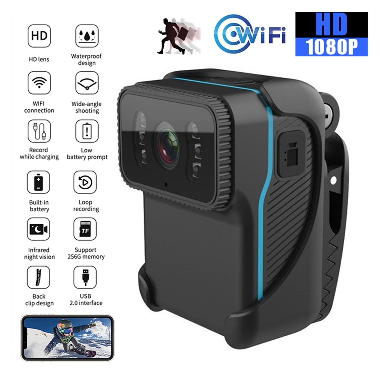 Fotocamera corporea, 1080P HD Corpo portatile Action Camera DV Videocamera Registrazione in loop Supporto TF Card Night Vision Cam Video MP4(Camera Add 128GB)