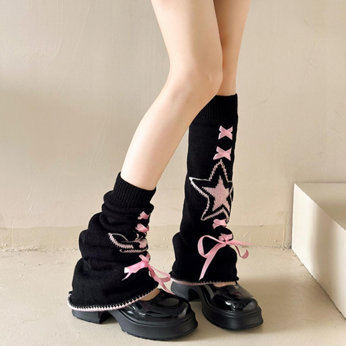 Y2K - Calentadores de piernas para mujer, diseño de estrellas con lazo, calcetines de punto kawaii, góticos japoneses, calentadores Lolita