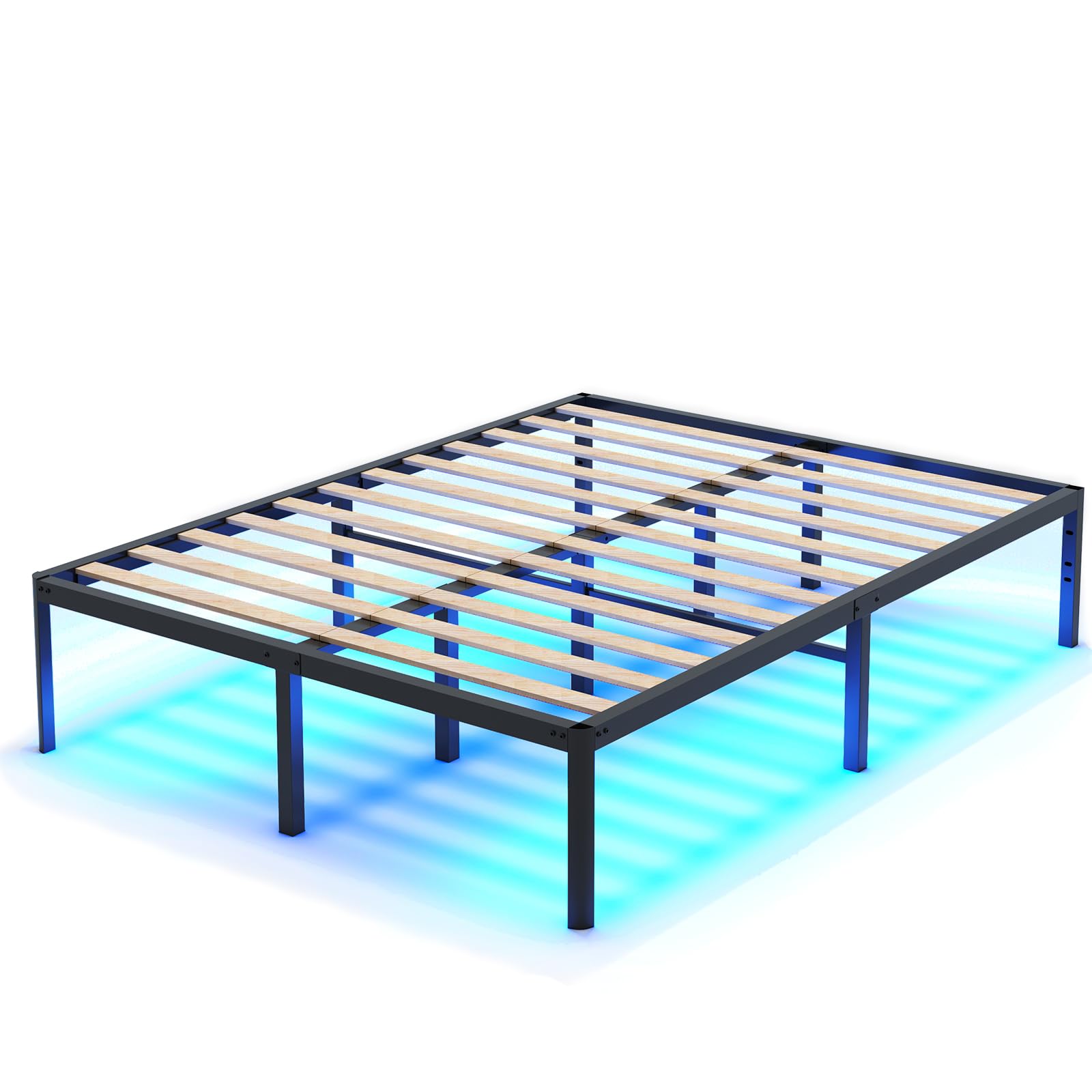 FALOIC Full Size Bed Frame with LED Lights, Platform Bed Frame with Wide Wood Slats, 16" Storage Space Under-Bed, No Box Spring Needed, Noise Free