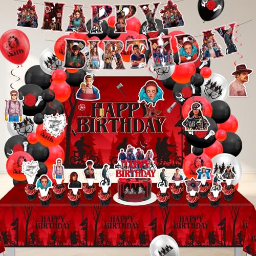 82-Piece Stranger Party Decorations Set Upside Down Theme Birthday Supplies with Big Backdrop and Balloon Arch Kit for Fans