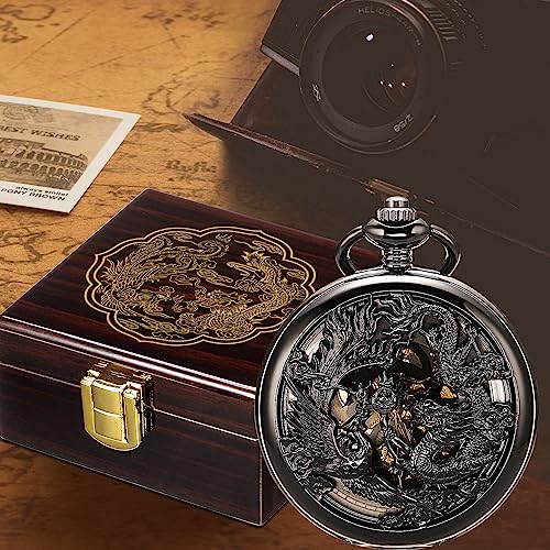 Image of SIBOSUN Mechanical Pocket Watches Mens Lucky Phoenix and Dragon Skeleton Pocket Watch Black Antique Roman Numerals Box