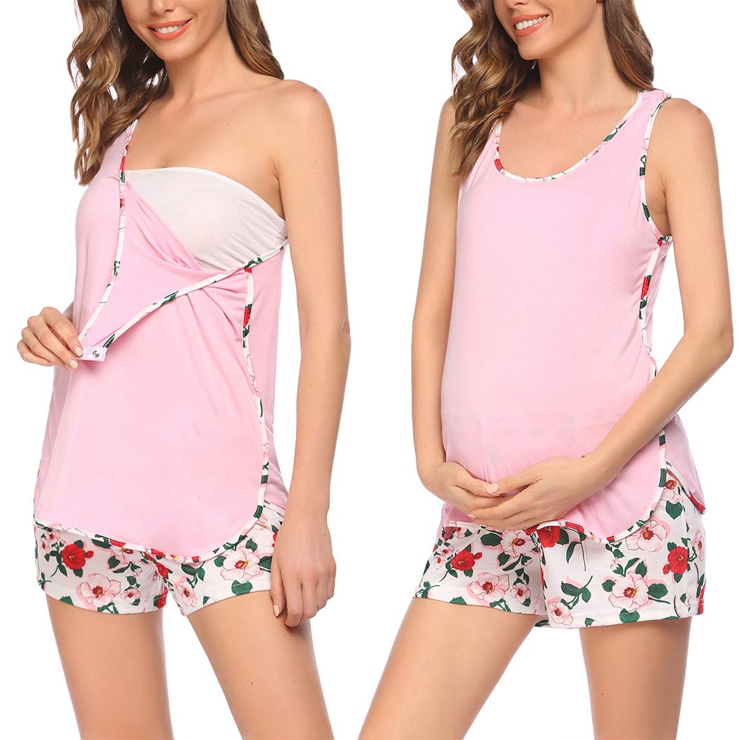 EkouaerMaternity Nursing Pajamas Sleepwear Set Shorts Striped for Hospital Home