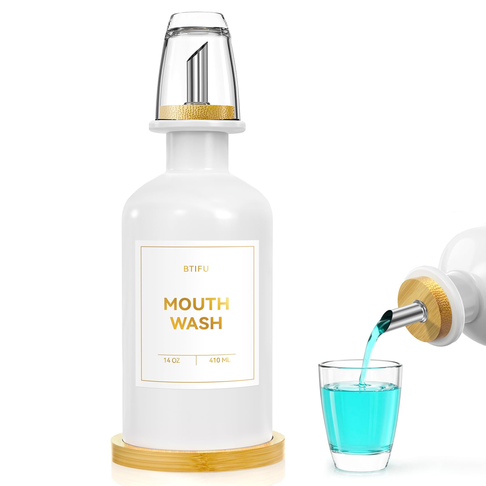Glass Mouthwash Dispenser for Bathroom – 410ml Refillable Mouthwash Container with 2 Glass Cups & Bamboo Tray, Countertop Mouth Wash Dispensers - Bathroom Decor for Home, Office (White)