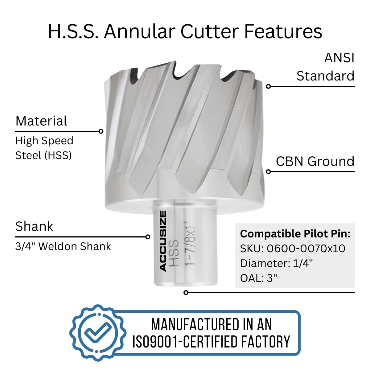 Accusize Industrial Tools Hss Annular Cutter 1-7/8'' by 1'' Cutting Depth in Strong Box with 1 Pc Pilot Pin 1/4'' by 3'', 2080-2035pin